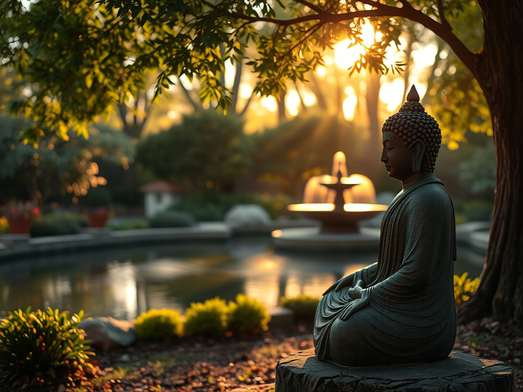Tượng Phật thiền định trong khu vườn yên bình với ánh sáng vàng dịu nhẹ và thác nước phía sau, tạo không gian tĩnh lặng cho thiền định