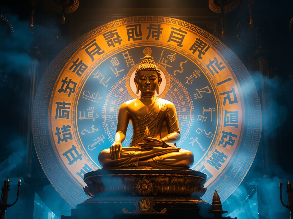 Tượng Phật vàng được bao quanh bởi những câu thần chú thiêng liêng trong ánh sáng xanh dịu, khói hương bay trong không gian đền cổ kính, tạo nên bầu không khí tâm linh huyền bí