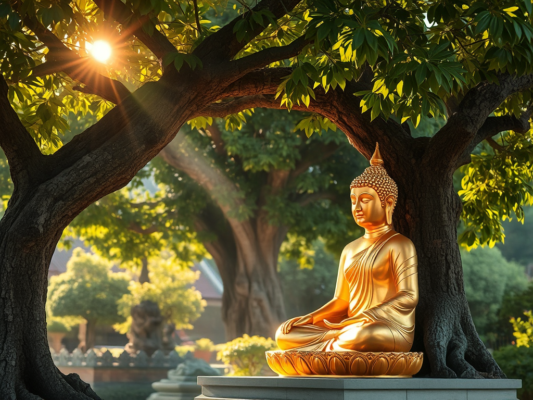 Tượng Phật vàng thiền định dưới cây Bồ Đề trong khu vườn chùa thanh tịnh với ánh sáng mặt trời dịu nhẹ, thể hiện không gian tâm linh Phật giáo