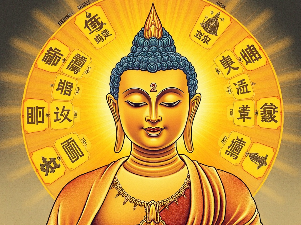 Tượng Phật với 32 tướng tốt rạng ngời ánh sáng vàng, biểu tượng thiêng liêng, thể hiện sự thanh tịnh và trí tuệ trong kinh Vô Ngã Tướng