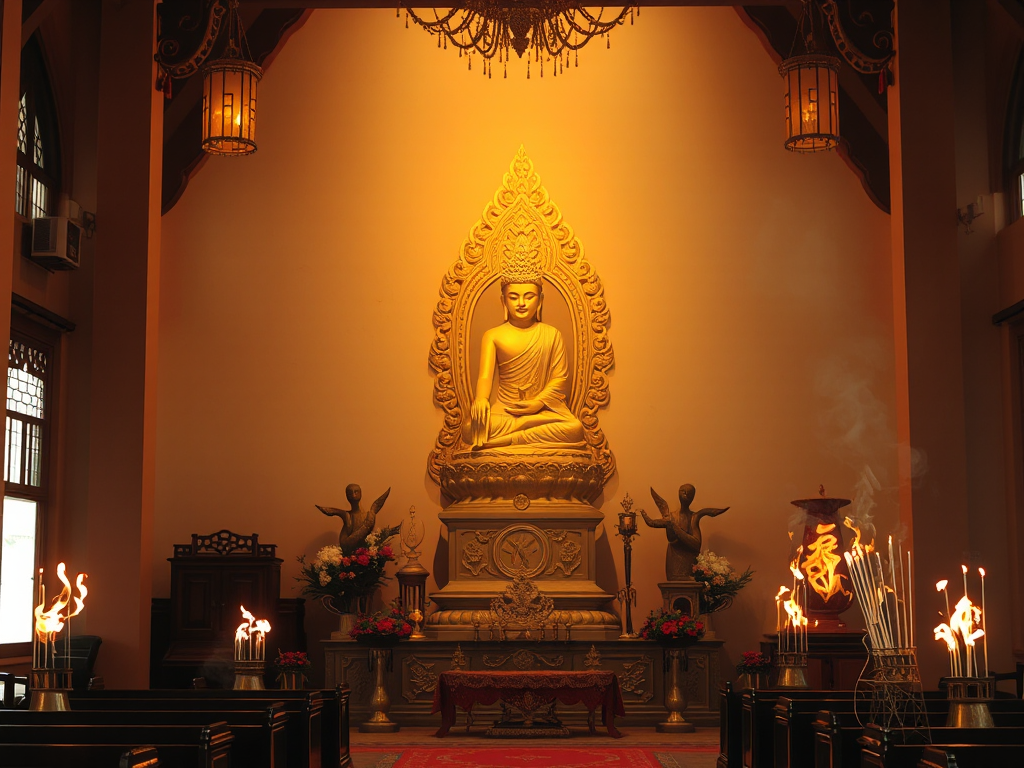 Tượng Quan Âm trong chùa Việt Nam với ánh sáng vàng dịu, khói hương nghi ngút, không gian thanh tịnh và trang nghiêm