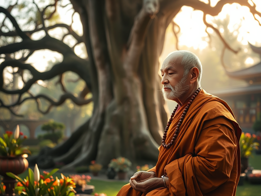 Vị sư già thiền định trong khu vườn chùa thanh tịnh, tay cầm tràng hạt, ánh sáng dịu nhẹ buổi sáng tạo cảm giác an lạc, minh họa cho Kinh Phật cho người bệnh
