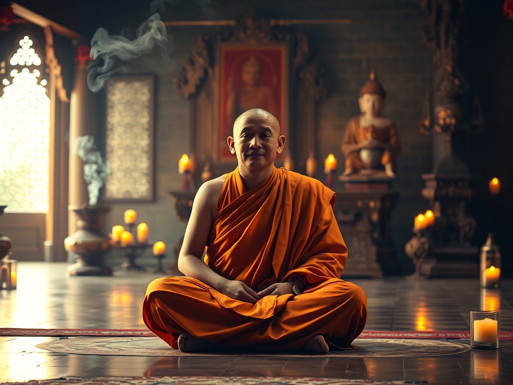 Vị sư mặc áo cà sa ngồi thiền trong chùa cổ kính, khói hương nghi ngút, ánh sáng vàng dịu từ nến và đèn lồng tạo không gian thanh tịnh tâm linh. Vị sư mặc áo cà sa ngồi thiền trong chùa cổ kính, khói hương nghi ngút, ánh sáng vàng dịu từ nến và đèn lồng tạo không gian thanh tịnh tâm linh.