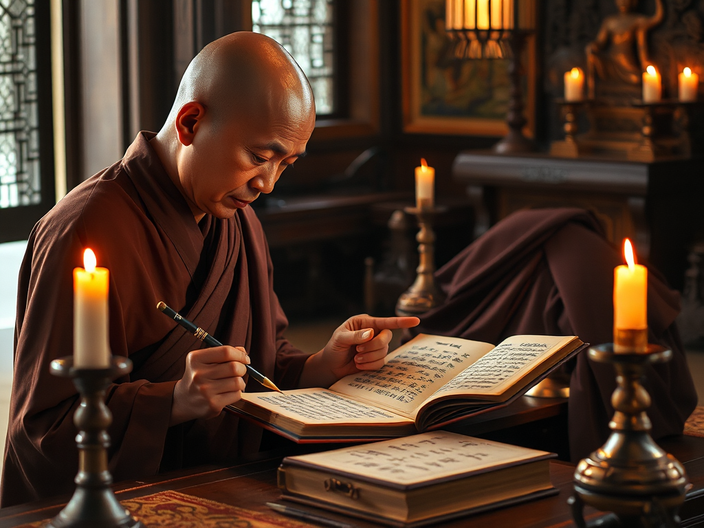 Vị sư mặc áo cà sa truyền thống đang tỉ mỉ sao chép kinh văn bằng bút lông, ánh nến dịu nhẹ chiếu sáng trang kinh cổ trong không gian chùa Việt Nam cổ kính