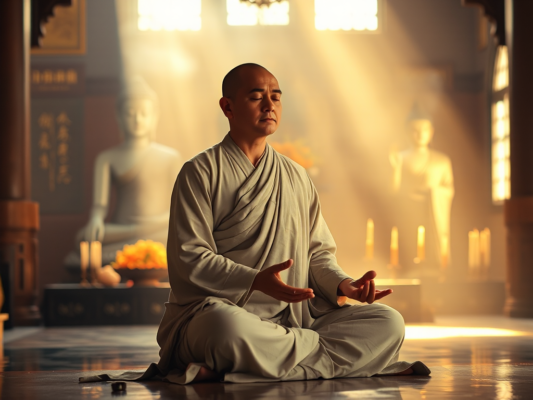 Vị sư thầy đang ngồi thiền trong tư thế hoa sen, ánh sáng vàng dịu nhẹ từ tượng Phật, khói hương bay lượn trong không gian chùa thanh tịnh, tạo cảm giác an lạc tâm linh