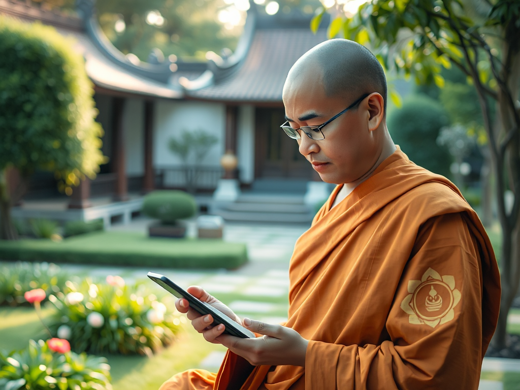 Vị sư thầy đang sử dụng điện thoại thông minh để đọc kinh Phật trong khu vườn chùa thanh tịnh, ánh sáng tự nhiên dịu nhẹ tạo không gian thiền định an lành.