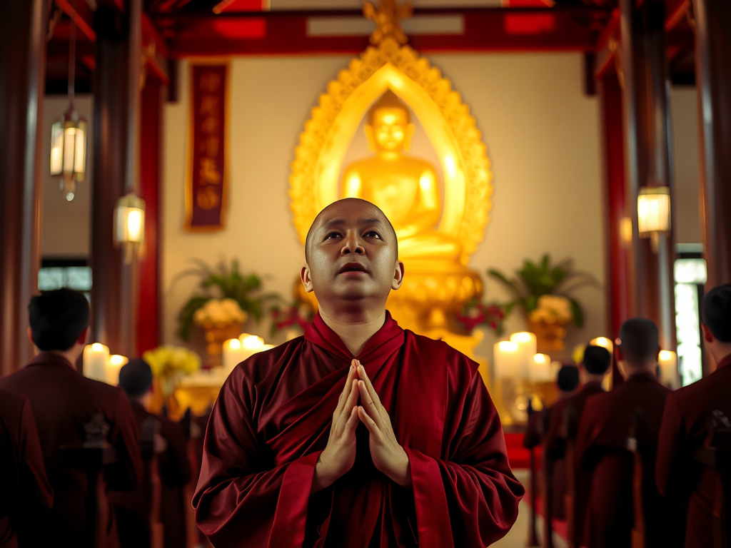 Vị sư thầy đang tụng kinh trong chùa với tư thế chắp tay, tượng Phật vàng phía sau, ánh nến dịu nhẹ trong kiến trúc chùa Việt Nam truyền thống