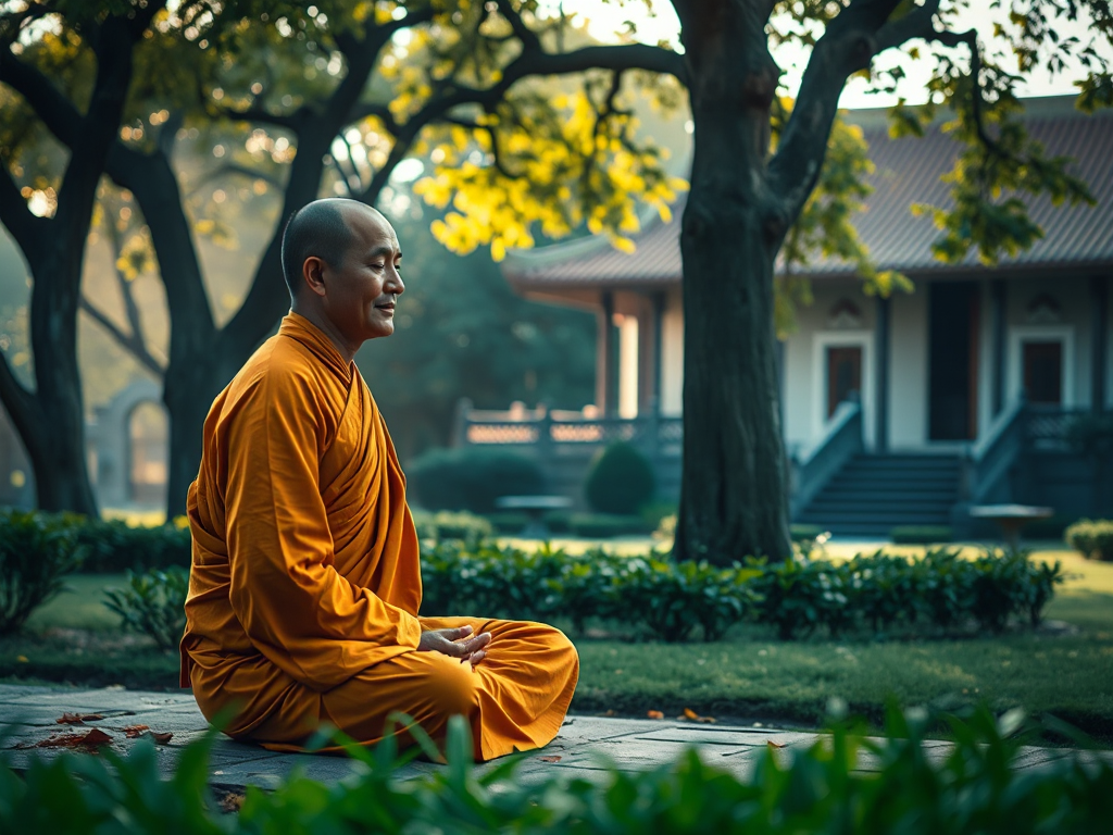 Vị sư thầy mặc áo cà sa ngồi thiền định trong khuôn viên chùa thanh tịnh, ánh sáng bình minh dịu nhẹ xuyên qua tán lá cổ thụ, kiến trúc chùa Việt Nam truyền thống phía sau, không gian tâm linh an lạc