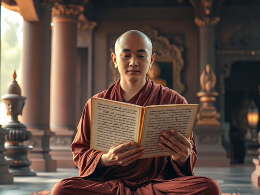 Vị sư thầy ngồi thiền cầm kinh sách cổ, ánh sáng vàng dịu tỏa ra từ văn bản thiêng liêng trong không gian chùa cổ kính, tạo nên bầu không khí tâm linh thanh tịnh