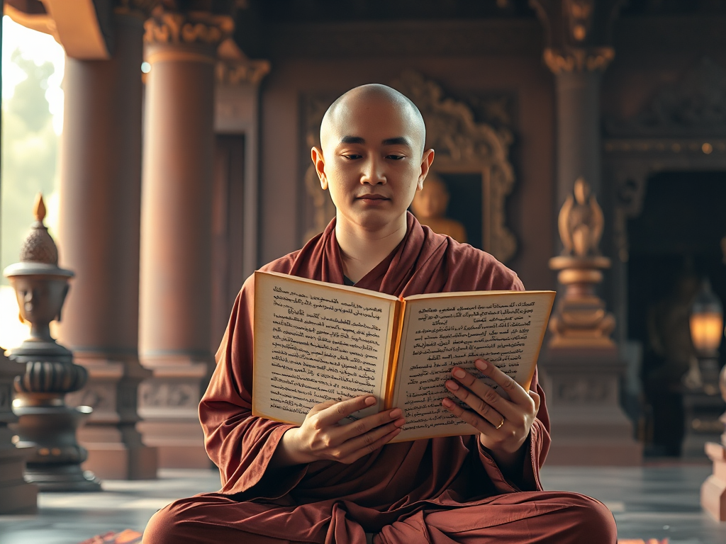 Vị sư thầy ngồi thiền cầm kinh sách cổ, ánh sáng vàng dịu tỏa ra từ văn bản thiêng liêng trong không gian chùa cổ kính, tạo nên bầu không khí tâm linh thanh tịnh