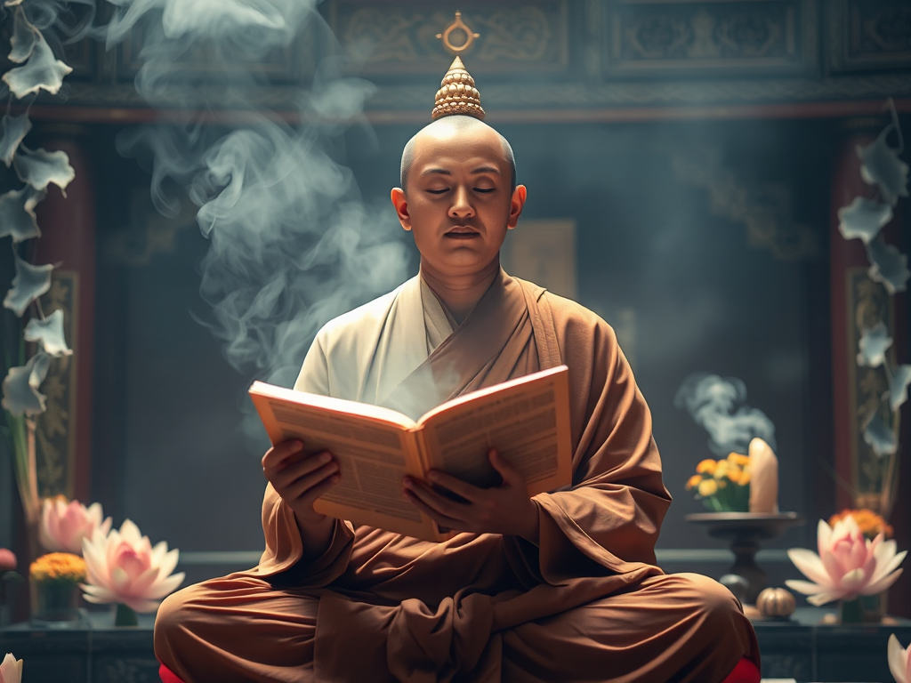 Vị sư thầy ngồi thiền cầm kinh sách thiêng liêng với ánh sáng vàng rực rỡ, khói hương nghi ngút trong không gian chùa thanh tịnh, biểu tượng cho sự thanh tịnh tâm trí khi trì tụng Chú Lăng Nghiêm Vị sư thầy ngồi thiền cầm kinh sách thiêng liêng với ánh sáng vàng rực rỡ, khói hương nghi ngút trong không gian chùa thanh tịnh, biểu tượng cho sự thanh tịnh tâm trí khi trì tụng Chú Lăng Nghiêm