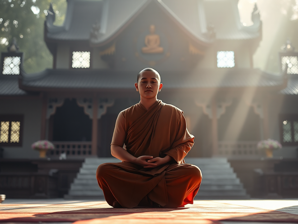 Vị sư thầy ngồi thiền định tư thế hoa sen trong chùa Thủ Dầu Một, ánh sáng dịu nhẹ buổi sáng chiếu qua cửa sổ, kiến trúc chùa Việt Nam truyền thống, không gian thanh tịnh tâm linh.