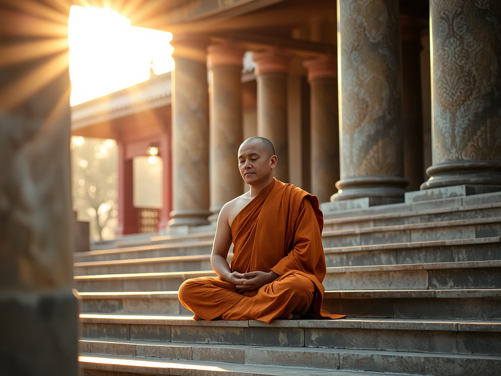 Vị sư thầy ngồi thiền trên bậc thềm đá trong chùa, ánh sáng vàng dịu nhẹ xuyên qua cột trụ, không gian thanh tịnh trang nghiêm thể hiện tinh thần Kinh Pháp Cú. Vị sư thầy ngồi thiền trên bậc thềm đá trong chùa, ánh sáng vàng dịu nhẹ xuyên qua cột trụ, không gian thanh tịnh trang nghiêm thể hiện tinh thần Kinh Pháp Cú.