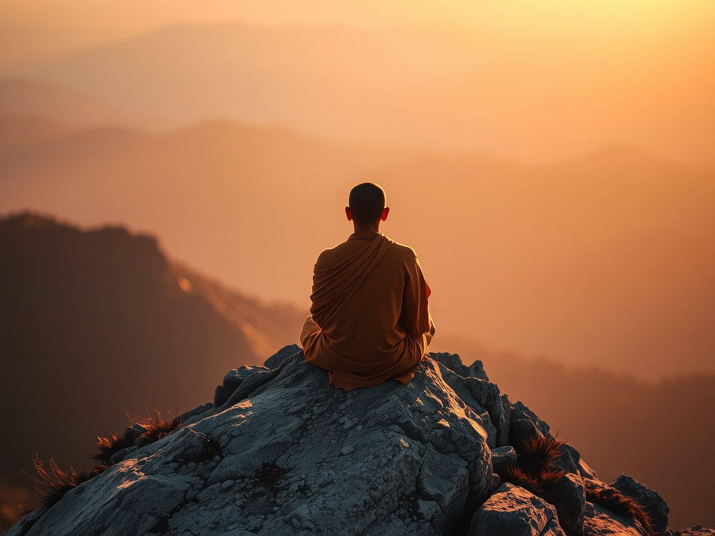 Vị sư thầy ngồi thiền trên đỉnh núi lúc bình minh, ánh sáng vàng dịu nhẹ, tạo cảm giác thanh tịnh và an lạc tinh thần trong không gian thiền định