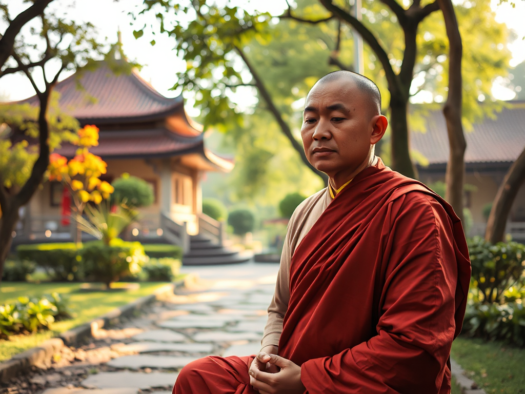 Vị sư thầy ngồi thiền trong khuôn viên chùa thanh tịnh với ánh sáng buổi sáng dịu nhẹ, thể hiện sự bình an và kết nối với triết lý nhân quả trong Phật giáo