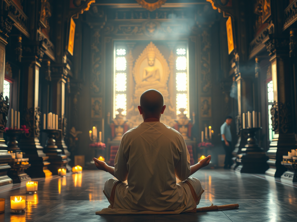 Vị sư thầy ngồi thiền trong tư thế hoa sen, ánh sáng vàng dịu từ nến và nhang, khung cảnh chùa cổ kính với hoa văn tinh xảo, tạo không gian thanh tịnh tâm linh