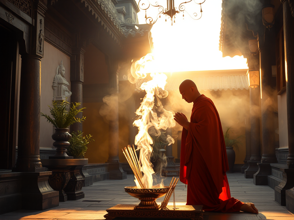 Vị sư thầy thực hiện nghi thức thanh tẩy trong khuôn viên chùa, khói hương nghi ngút, ánh nắng vàng rực rỡ chiếu qua kiến trúc cổ kính, không gian tâm linh thanh tịnh
