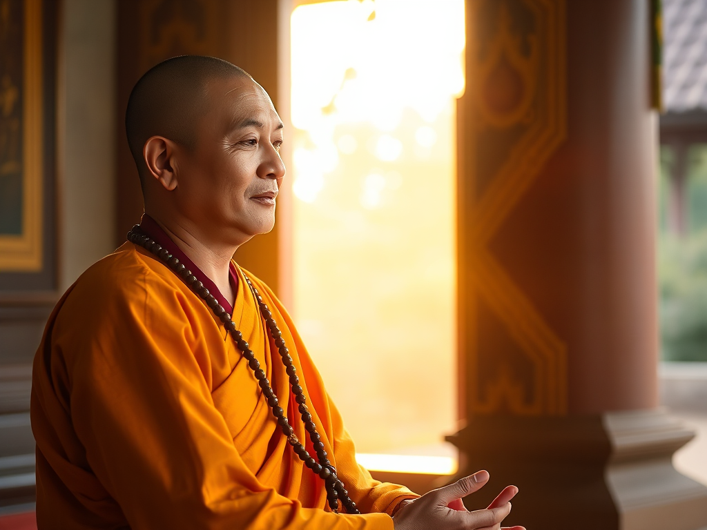 Vị sư thầy trong trang phục cà sa ngồi thiền với tràng hạt, ánh sáng bình minh chiếu qua cửa sổ chùa, tạo không gian thanh tịnh cho việc tụng kinh trì chú. Vị sư thầy trong trang phục cà sa ngồi thiền với tràng hạt, ánh sáng bình minh chiếu qua cửa sổ chùa, tạo không gian thanh tịnh cho việc tụng kinh trì chú.