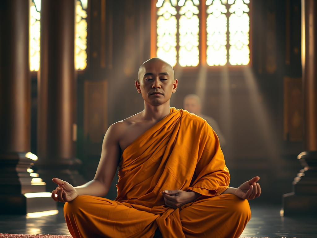 Vị sư thiền định trong tư thế hoa sen tại chùa, ánh sáng vàng rực rỡ chiếu qua cửa sổ, không gian thanh tịnh, trang phục truyền thống Vị sư thiền định trong tư thế hoa sen tại chùa, ánh sáng vàng rực rỡ chiếu qua cửa sổ, không gian thanh tịnh, trang phục truyền thống