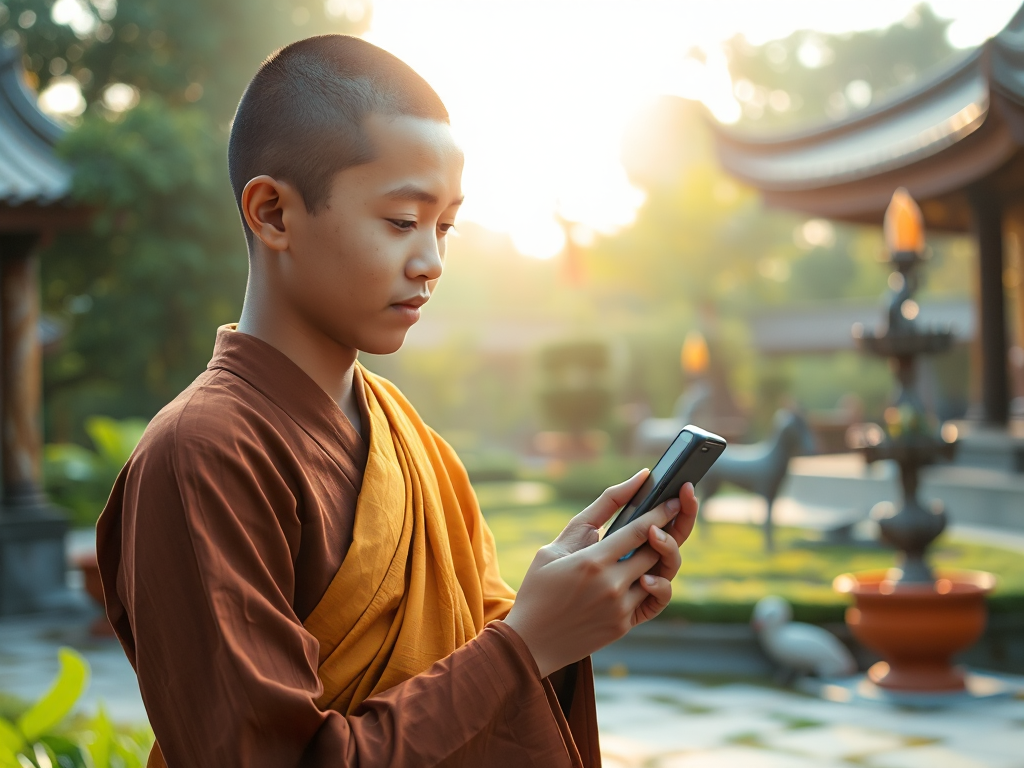 Vị sư trẻ ngồi thiền lắng nghe kinh Phật audio trên điện thoại trong khu vườn chùa thanh tịnh, ánh sáng ban mai dịu nhẹ tạo không khí an lạc
