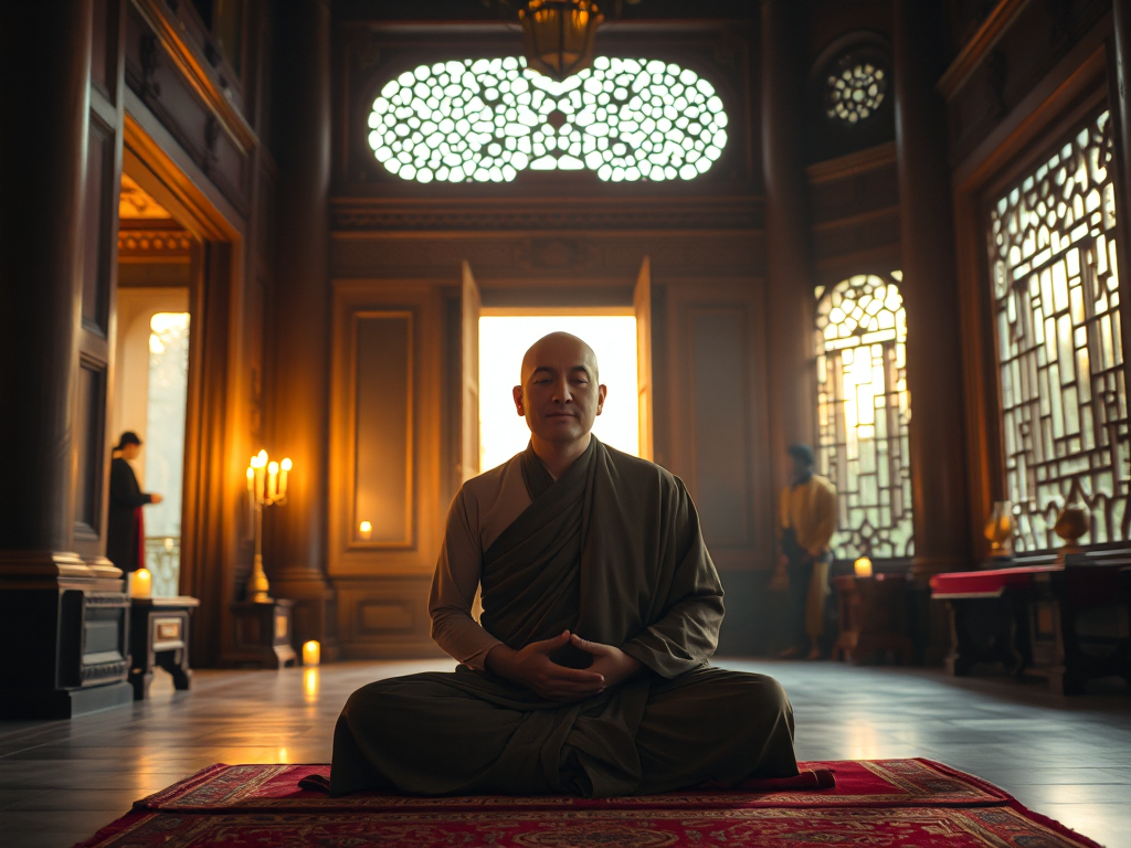 Vị tăng sĩ Phật giáo đang ngồi thiền trong tư thế hoa sen, ánh nến dịu nhẹ chiếu sáng không gian chùa cổ kính, ánh sáng hoàng hôn nhẹ nhàng lọt qua cửa sổ chạm khắc tinh xảo Vị tăng sĩ Phật giáo đang ngồi thiền trong tư thế hoa sen, ánh nến dịu nhẹ chiếu sáng không gian chùa cổ kính, ánh sáng hoàng hôn nhẹ nhàng lọt qua cửa sổ chạm khắc tinh xảo